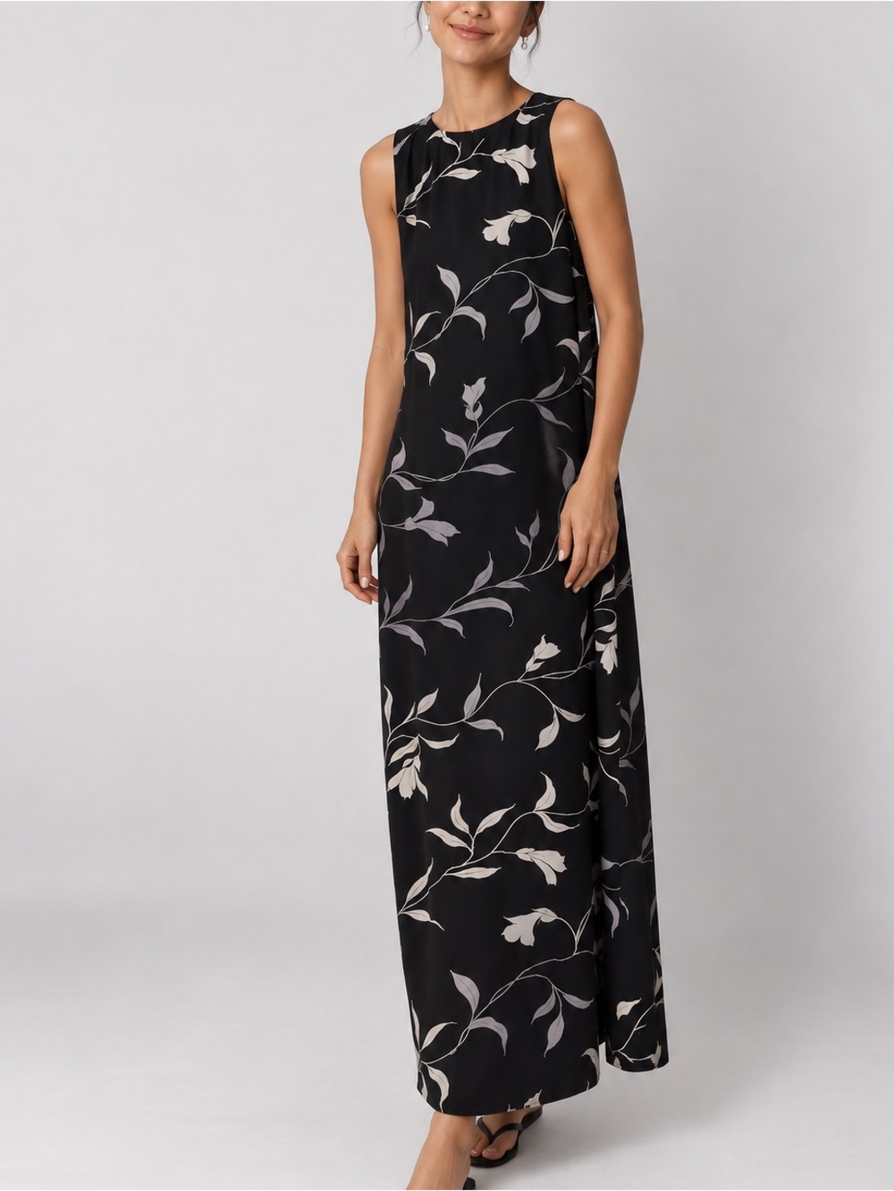Vintage Jones New York Sleeveless Black Maxi Dress Floral Print Size 4